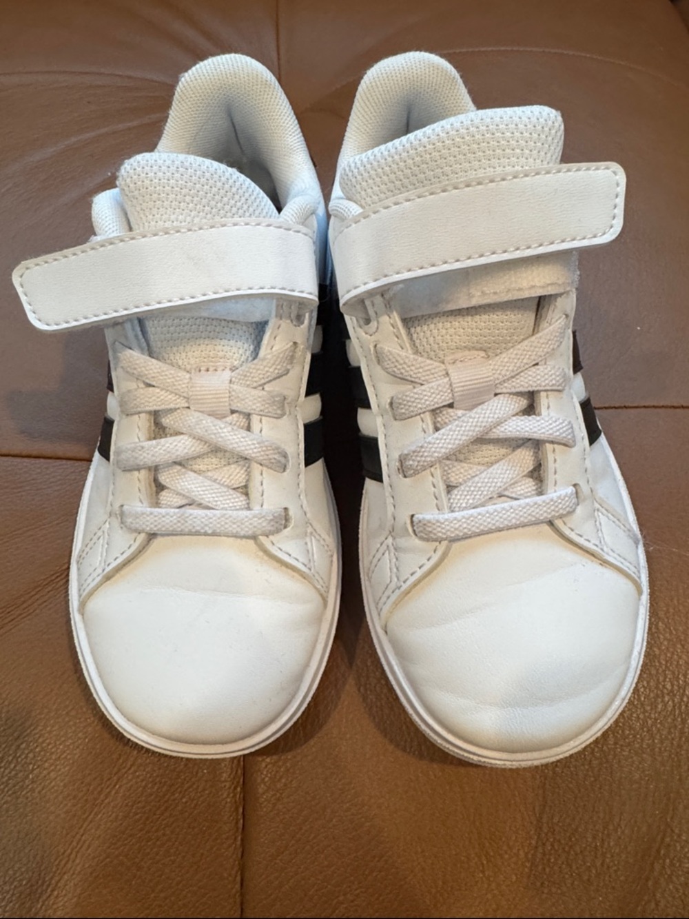 adidas Kids White Sneakers with Black Stripes and Hook-and-Loop Strap